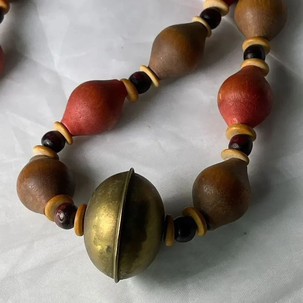 Vintage Tribal handmade wooden bone brass boho festival necklace
